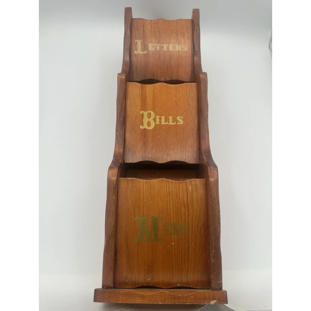 Vintage MCM 3 Tier Wood Wall Mount Letters Bill's Holder Organizer